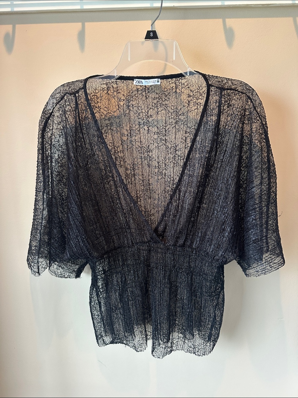 Zara Black Sheer Deep V Lace Blouse